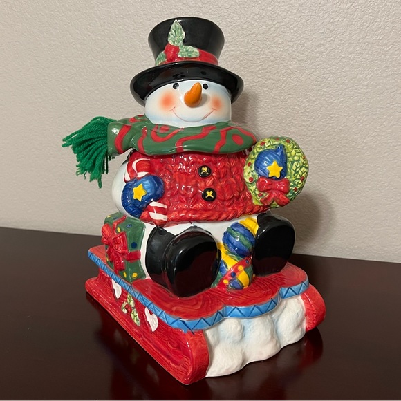 Vintage Sledding Snowman Cookie Jar - Picture 1 of 11